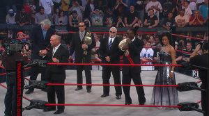In January 2009, the Main Event Mafia (TNA World Heavyweight Champion: "The Icon" Sting, Kurt Angle, "Big Sexy" Kevin Nash, "Big Poppa Pump" Scott Steiner, TNA Legends Champion: Booker T & Sharmell) found themselves feuding with a group of TNA originals called TNA Front Line.