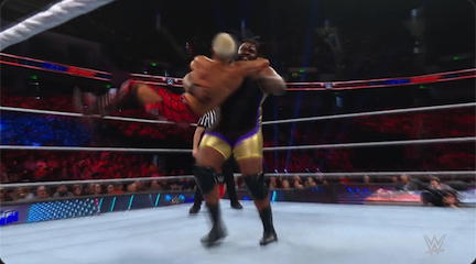 Odyssey Jones hits the Spinning Boss Man Slam on Akira Tozawa on "WWE Main Event."  (Photo Credit: WWE)
