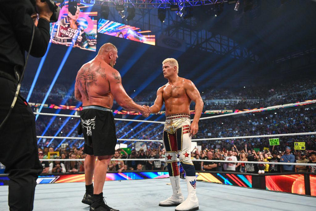"The Beast Incarnate" Brock Lesnar shook "The American Nightmare" Cody Rhodes' hand after losing to him. (Photo Credit: WWE)