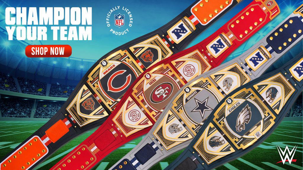 Champion your team with the first-ever officially licensed NFL legacy title belts available at NFLShop.com, WWEShop.com and Fanatics.com!  (Photo Credit: WWE)