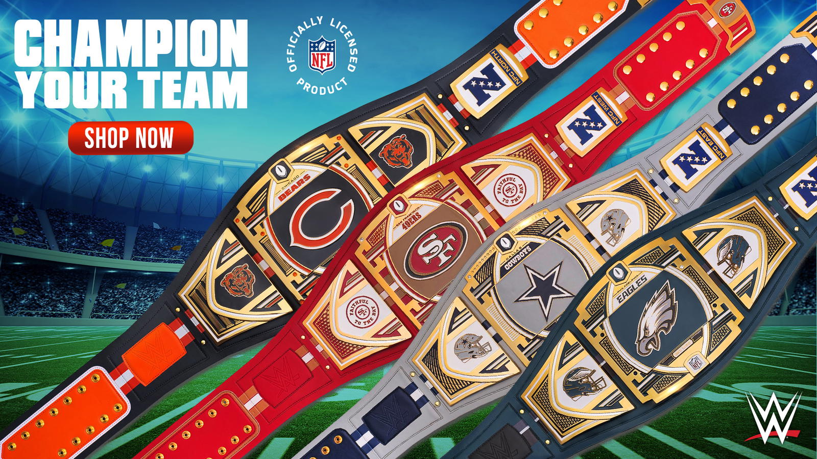 Champion your team with the first-ever officially licensed NFL legacy title belts available at NFLShop.com, WWEShop.com and Fanatics.com! (Photo Credit: WWE)