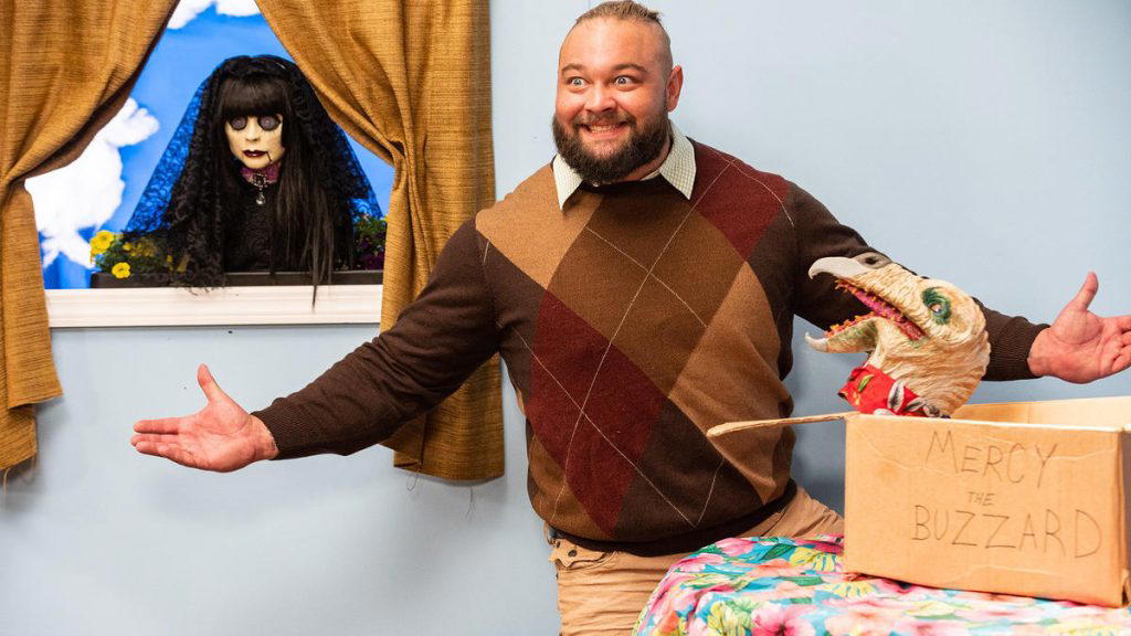 Abby The Witch, Bray Wyatt and Mercy The Buzzard on the set of "Firefly Funhouse." (Photo Credit: WWE)