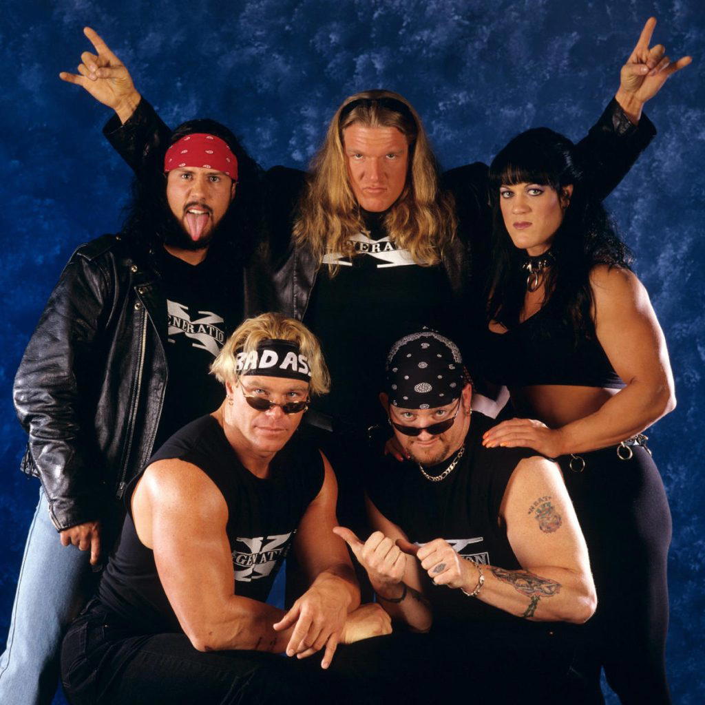 D-Generation X consisted of Triple H, Chyna, X-Pac and The New Age Outlaws (Billy Gunn & The Road Dogg). (Photo Credit: WWF)