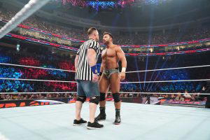 Knight also got in the face of Cena during the match when Cena physically forced "The Megastar" away from The Miz, who was in the corner. (Photo Credit: WWE)