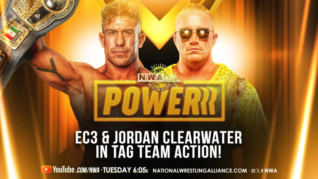 The NWA World Heavyweight Champion: EC3 will team up with Jordan Clearwater on "NWA Powerrr" this Tuesday at 6:05 P.M. Eastern on the official NWA YouTube Channel.  (Photo Credit: National Wrestling Alliance)