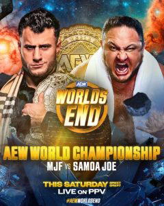 AEW World Champion: MJF defends against Samoa Joe tonight at AEW Worlds End. (Photo Credit: All Elite Wrestling)