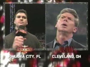 The most historic moment in wrestling history: Shane McMahon on "WCW Monday Nitro" and Vince McMahon on "WWF RAW is WAR." (Photo Credit: WWE)