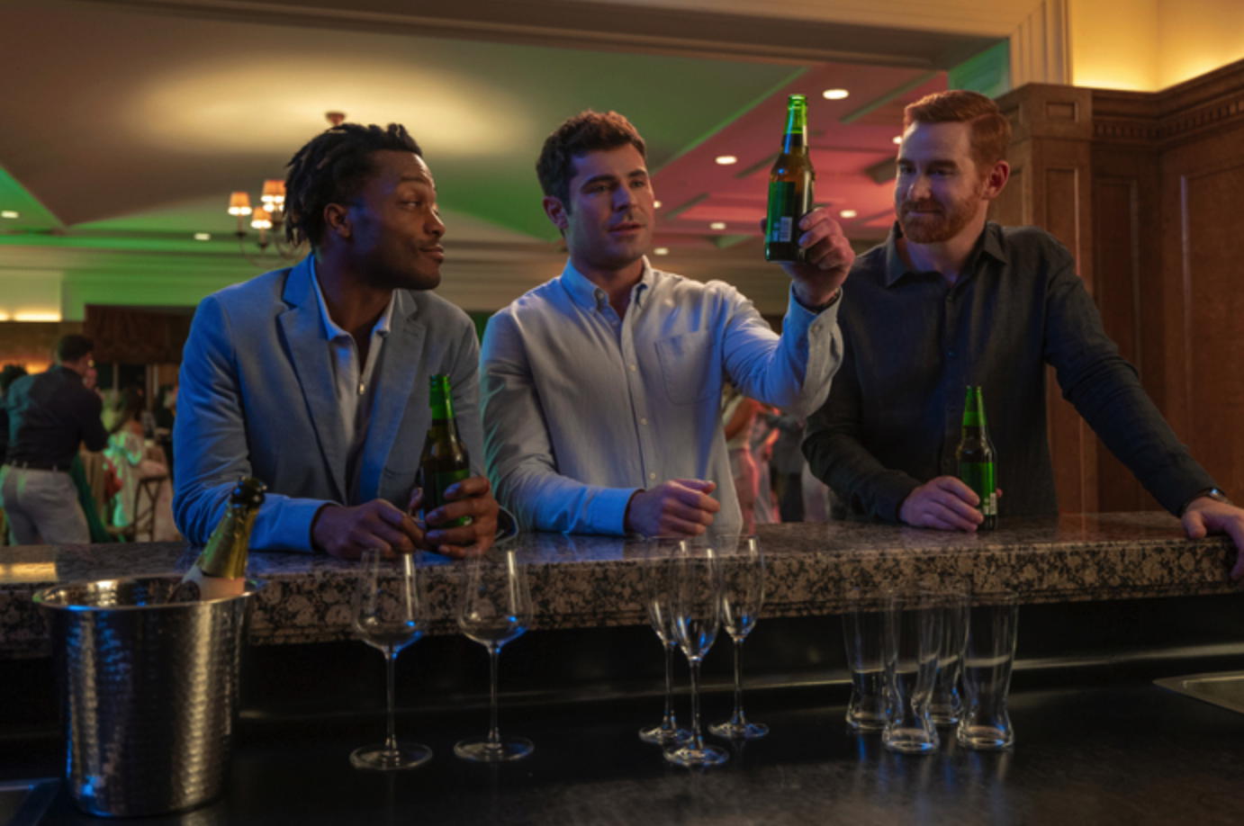 Jermaine Fowler as Wes, Zac Efron as Dean and Andrew Santino as JT star in RICKY STANICKY. (Photo Credit: Ben King/Prime)