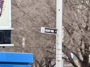 Several streets in downtown Indianapolis were renamed for the "WWE Royal Rumble 2025" weekend. This street was renamed Logan Paul Place.